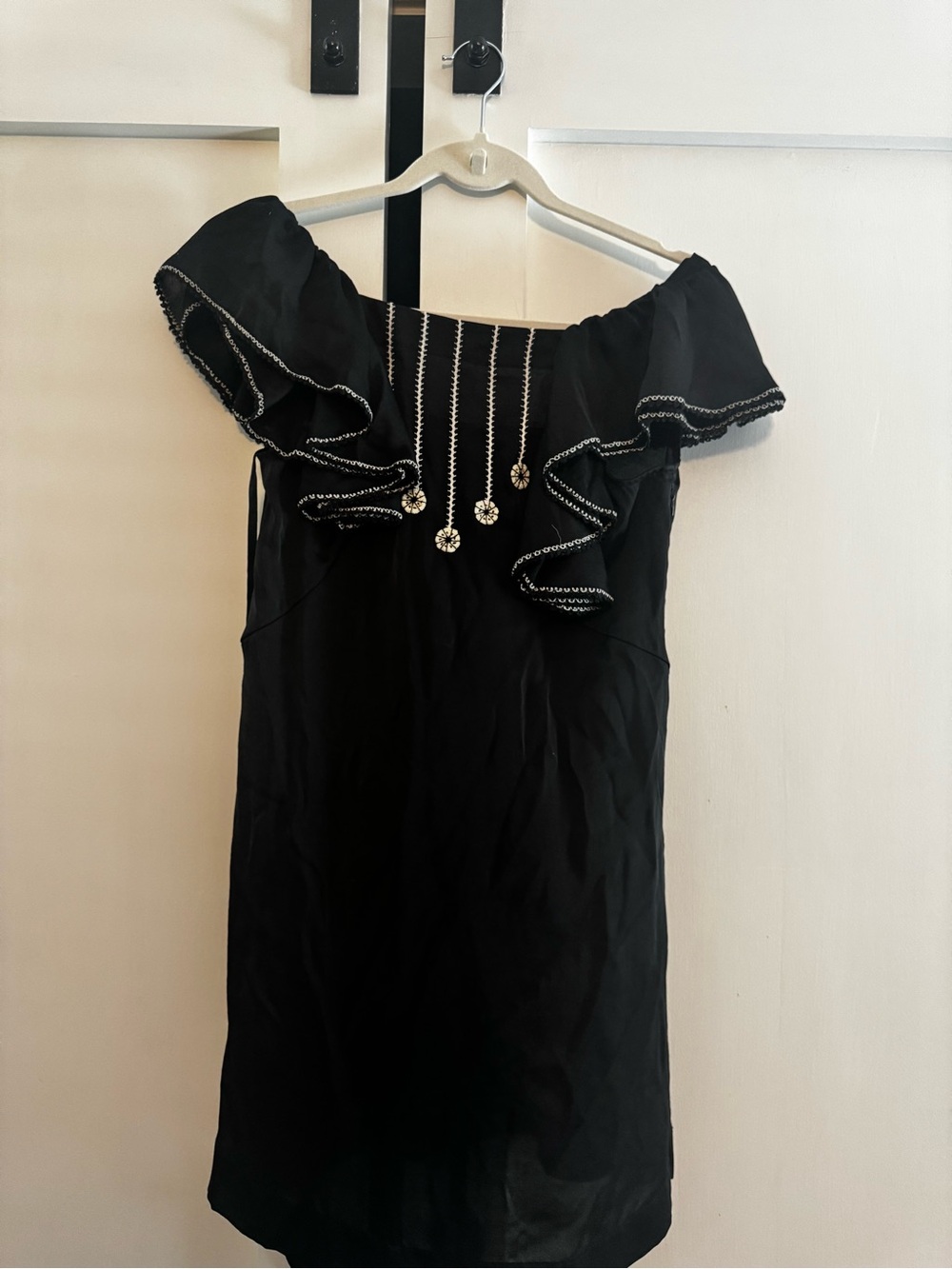 BCBGMaxAzria Black One-Shoulder Ruffle Dress with Embellished Neckline